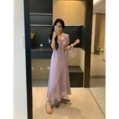 夏季 XINYI 紫风铃 泡泡皱雪纺连衣裙收腰显瘦气质裙X625Q08501