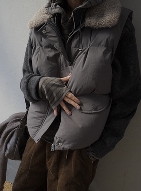 直邮 韩国代购官网女装Feminique 保暖毛领棉背心外穿马甲外套