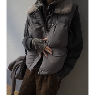 直邮 韩国代购官网女装Feminique 保暖毛领棉背心外穿马甲外套