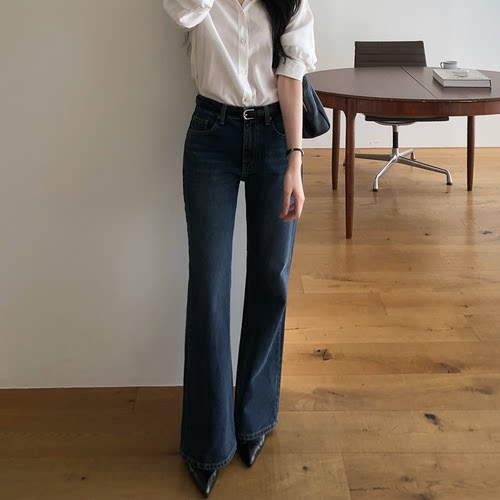 韩国代购深蓝色复古微喇牛仔裤女