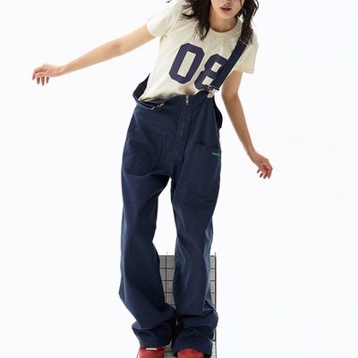 直邮韩国代购减龄拉链工装背带裤