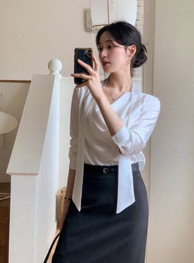 直邮 韩国代购官网女装Reine 优雅垂坠堆堆飘带领光泽感天丝衬衫