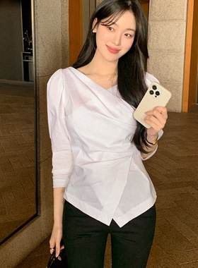 直邮 韩国代购官网女装Reine 优雅气质收腰显瘦交叉裹身衬衫