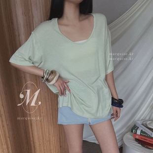 直邮~ 韩国代购官网女装 2026春 慵懒风 宽松大U领短袖T恤