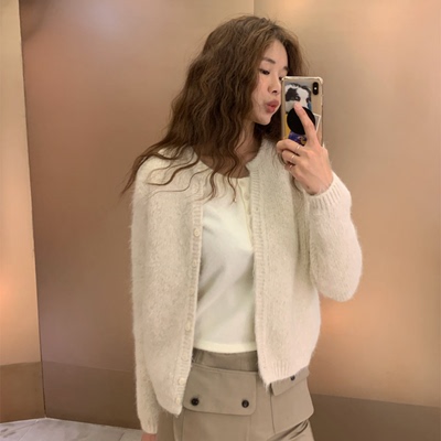 韩国代购单排扣半开领针织开衫女