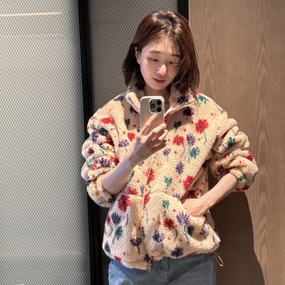 韩国代购保暖夹棉花朵抓绒外套