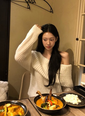 直邮 韩国代购官网女装Leeds 甜美性感一字露肩毛衣针织衫