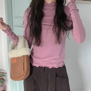 韩国官网代购女装 2024冬product波浪花边半高领长袖T恤 打底衫