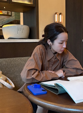 韩国代购官网女装 Dearest 毛衣内搭宽松水洗棉长袖衬衫 棕色白色