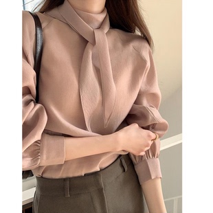 直邮 韩国代购官网女装Attrang 优雅复古小高飘带领天丝衬衫