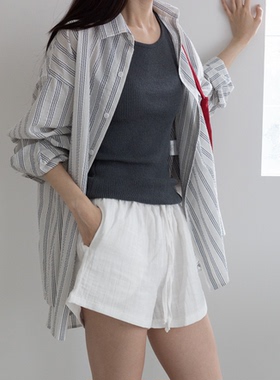 直邮 韩国代购官网女装Feminique 宽松慵懒BF男友风条纹大衬衫