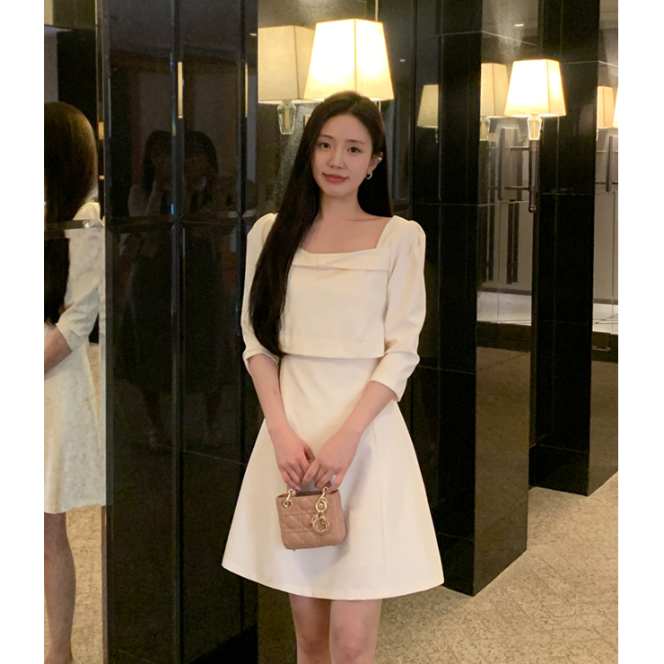 韩国代购官网女装Attrang 2025春 赫本风蝴蝶结方领七分袖连衣裙