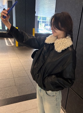 韩国代购官网正品女装 DEAREST 复古毛领飞行员皮衣夹克