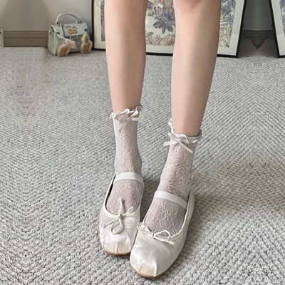 日系木耳边蝴蝶结蕾丝花卉小腿袜子女Lolita夏季薄花边中筒堆堆袜