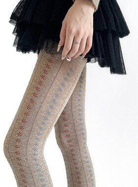 秋冬秀款碎花竖纹INS平板连裤袜深灰色棉质燕麦色打底袜裤子甜美