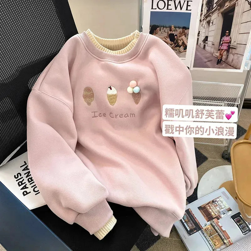洋气独特别致卡通刺绣加绒卫衣女秋冬款设计感小众假两件内搭上衣