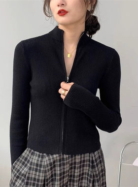 黑色拉链针织开衫外套女春秋季