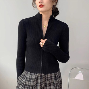 黑色拉链针织开衫外套女春秋季2025新款毛衣修身早秋chic韩系上衣