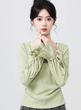 法式绿色斜领长袖T恤女春秋2025秋新款蝴蝶结系带设计感收腰上衣