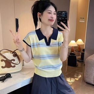 t恤 2025新款 撞色条纹polo领针织冰丝小飞袖 短款 上衣女夏正肩短袖