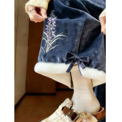 新中式国风丝绒加绒刺绣阔腿裤