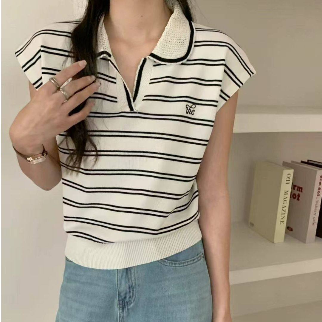 镂空翻领条纹刺绣冰丝针织背心