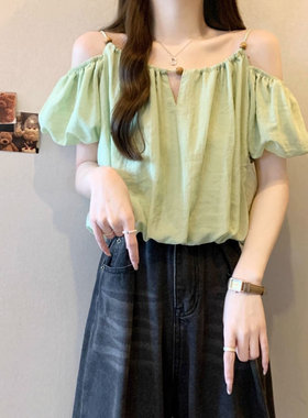 大码女装甜美泡泡袖露肩短袖衬衫