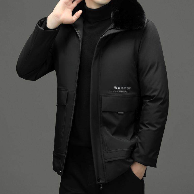 冬季金丝绒羽绒棉服男加绒加厚中长款可拆卸毛领中老年休闲棉袄男