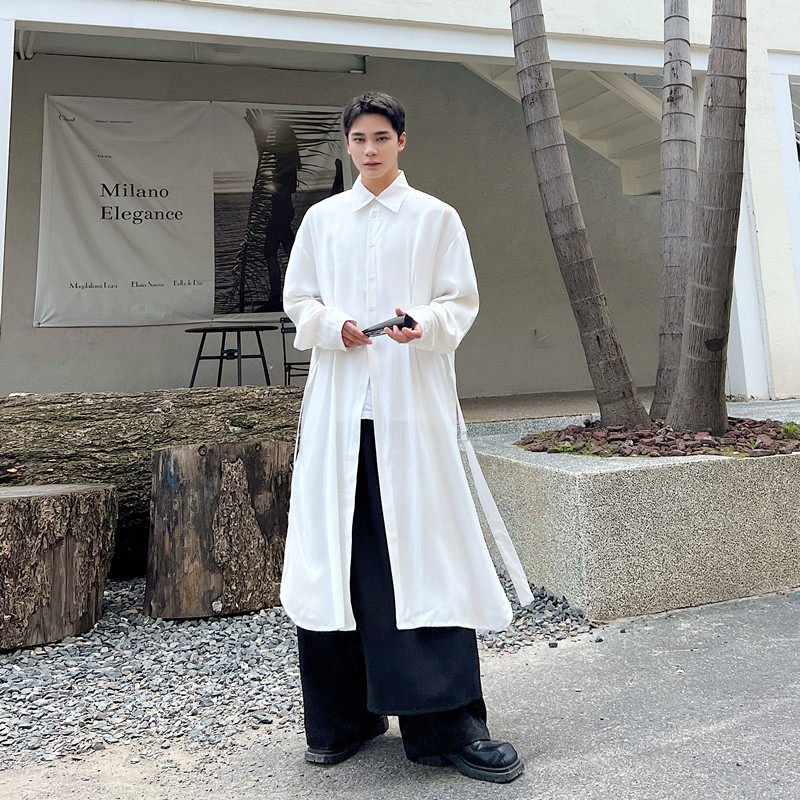 暗黑风复古中长款休闲长袖衬衫男小众飘带设计感下摆开衩过膝衬衣,男装,衬衫,淘宝优惠券,粉丝福利购,淘宝优惠卷