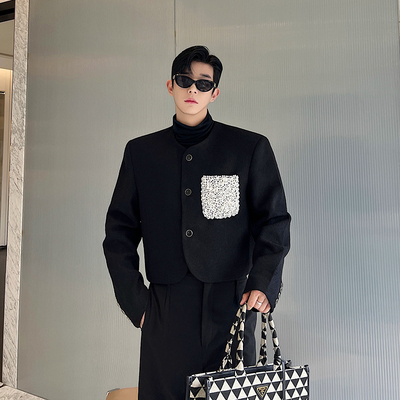 高级感毛呢短款夹克男韩版小众设计师重工珍珠口袋痞帅小香风外套