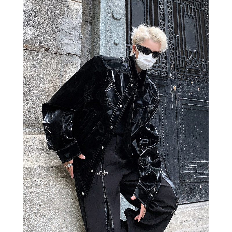 秋冬小众高级感仿漆皮亮面液态金属pu短款夹克上衣暗黑痞帅外套潮