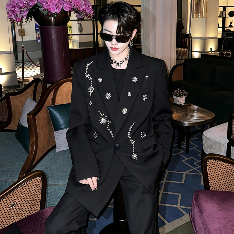 高定轻奢钉珠镶钻设计感西装外套男廓形高级感痞帅西服演出舞台装