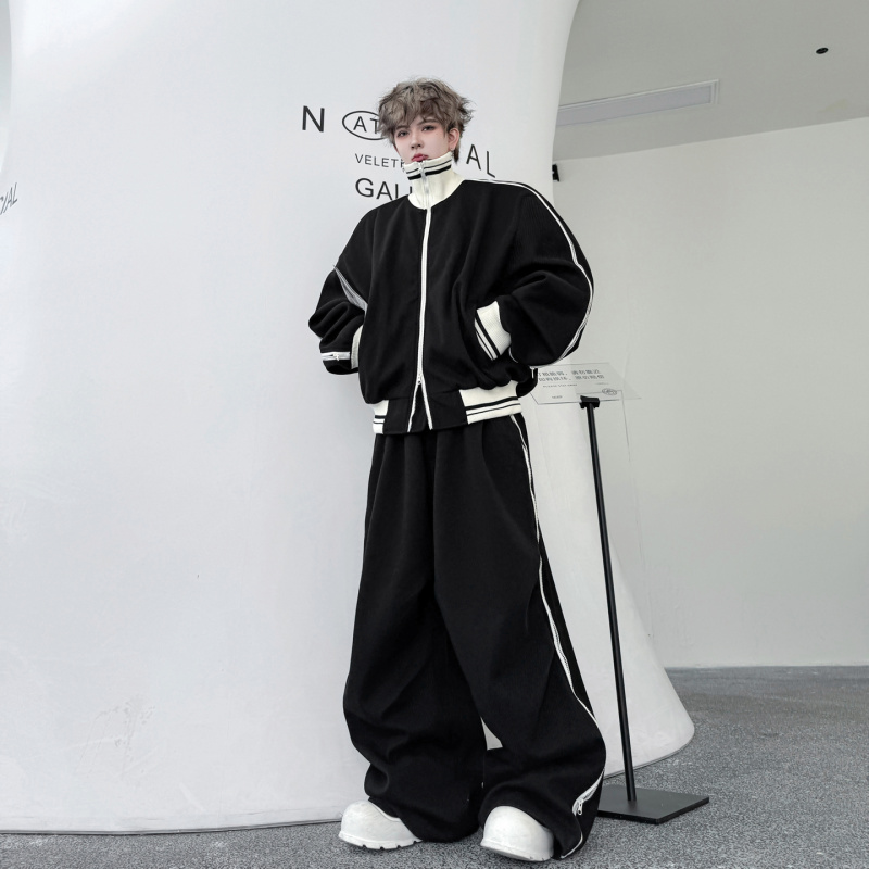2025秋冬美式运动撞色立领开衫卫衣套装男搭配帅气阔腿长裤两件套