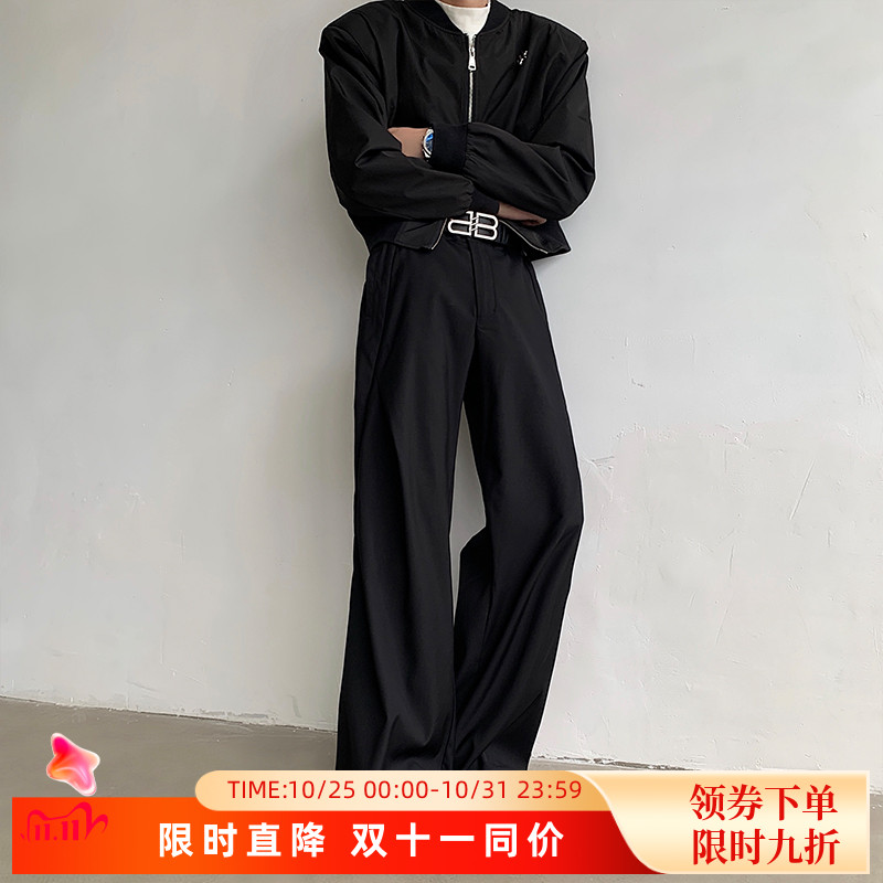 暗黑系褶设计感西装裤男士cleanfit潮牌休闲阔腿裤垂坠感拖地裤子