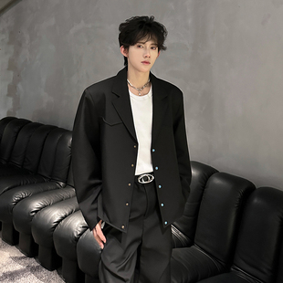 男模穿搭上衣cleanfit黑色绿松石扣设计垫肩休闲夹克外套痞帅西装