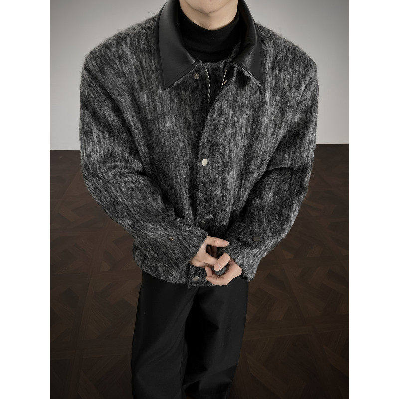 老钱风复古短款双面呢毛呢夹克外套男秋冬拼皮设计高级感呢子厚款