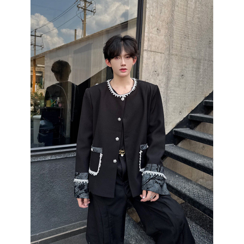 秋季复古花边装饰垫肩短款无领夹克外套男轻奢高级感痞帅西服上衣