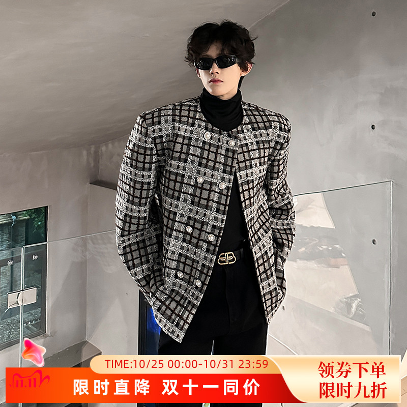 秋冬轻奢格子设计感无领垫肩呢子西服小香风外套男高级感毛呢夹克