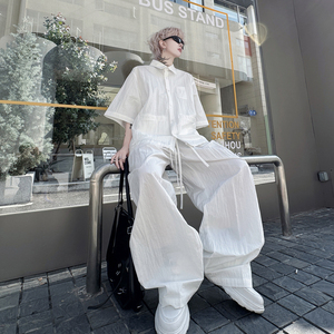 2025夏装纯色压皱短袖衬衫休闲套装男宽松防晒薄款阔腿长裤两件套