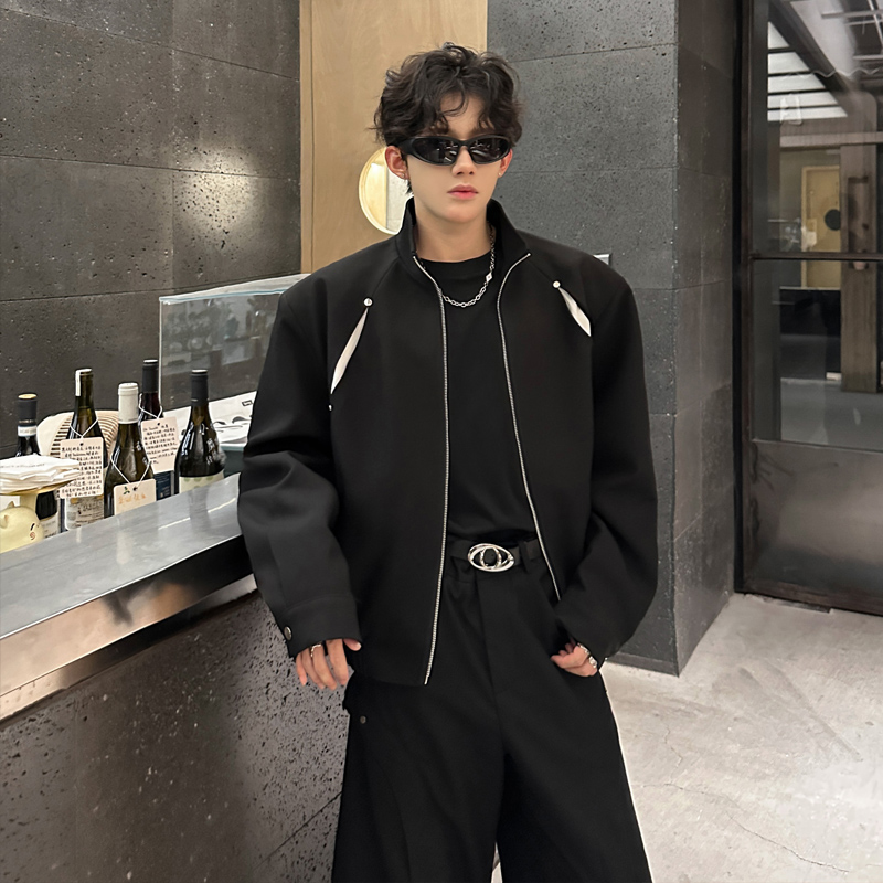 飞行员夹克男外套小众解构短款垫肩撞色立领夹克韩版男模高级痞帅