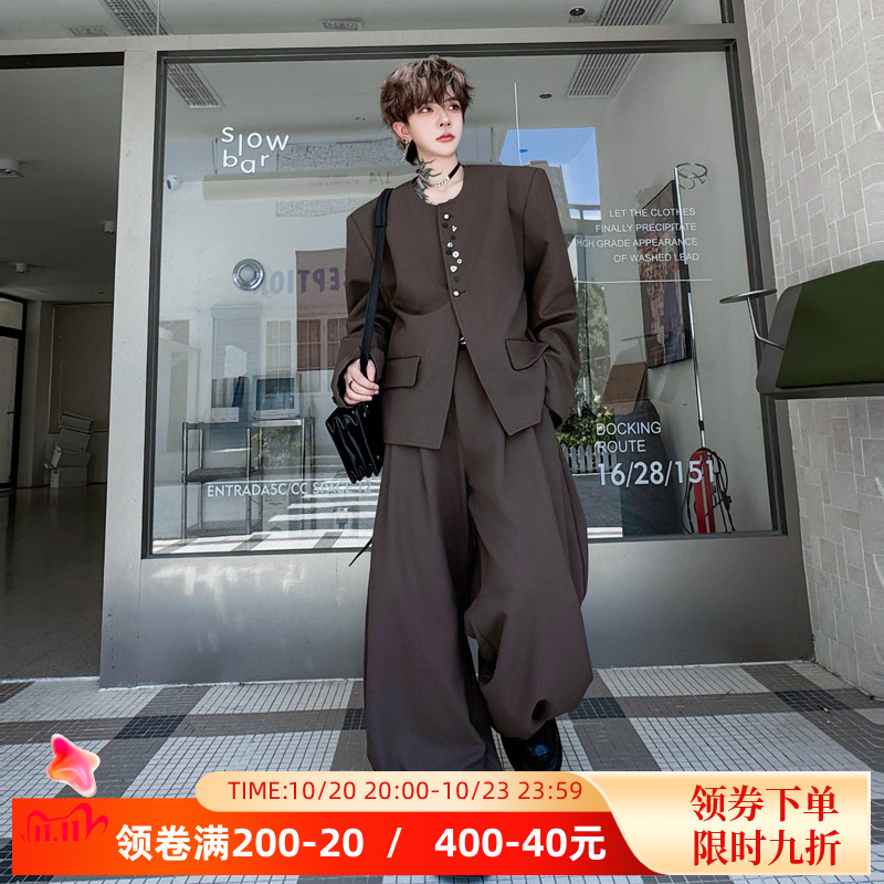 秋季复古小众多纽扣装饰垫肩西服套装男雅痞高级感阔腿西裤两件套