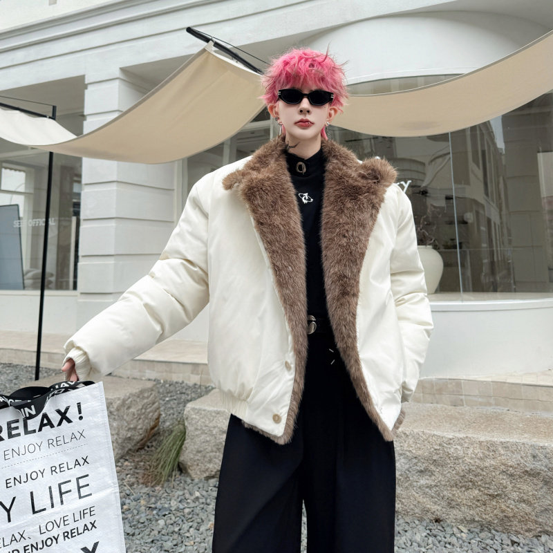 2025冬季老钱贵气毛翻领一体绒棉衣男高级感时髦座山雕皮草外套潮