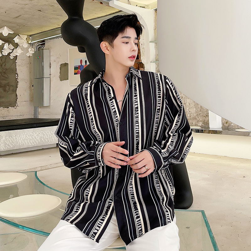 高级感衬衫男ins网红复古洋气印花坠垂感衬衣韩版潮流痞帅发型师