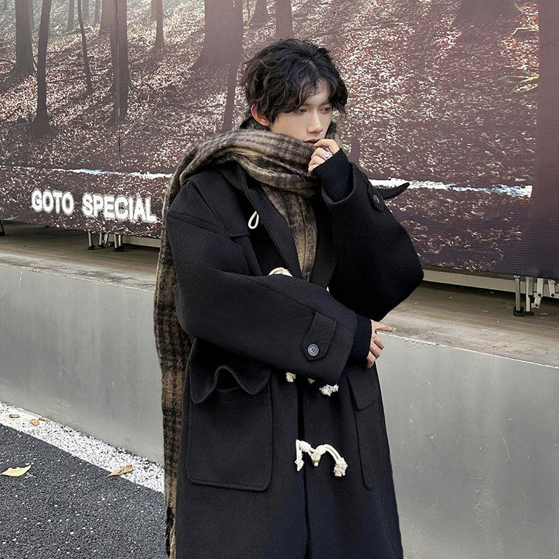 冬装韩式黑色cleanfit毛呢外套男高级感痞帅复古连帽风衣长款大衣