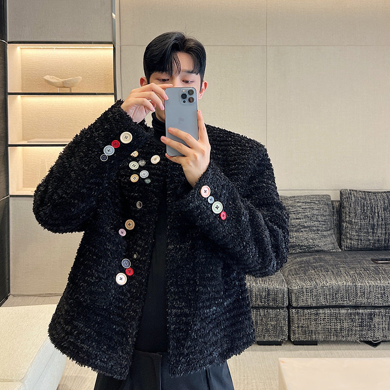 秋冬款小众轻奢高级感粗花呢夹克外套男彩扣设计感法式小香风外套