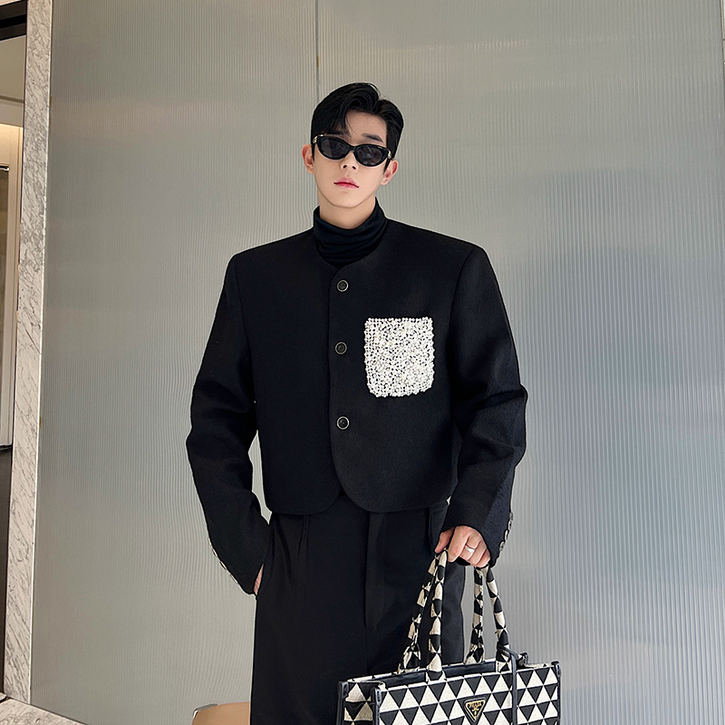 高级感毛呢短款夹克男韩版小众设计师重工珍珠口袋痞帅小香风外套