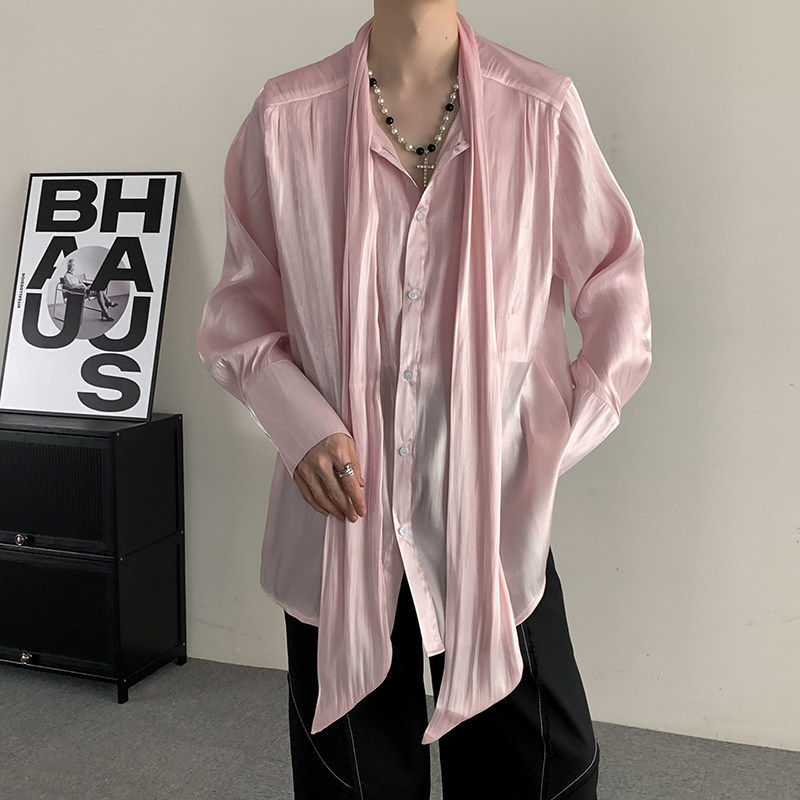 小众走秀款网红同款垂感冰丝领带长袖衬衣男女法式中性欧根纱衬衫