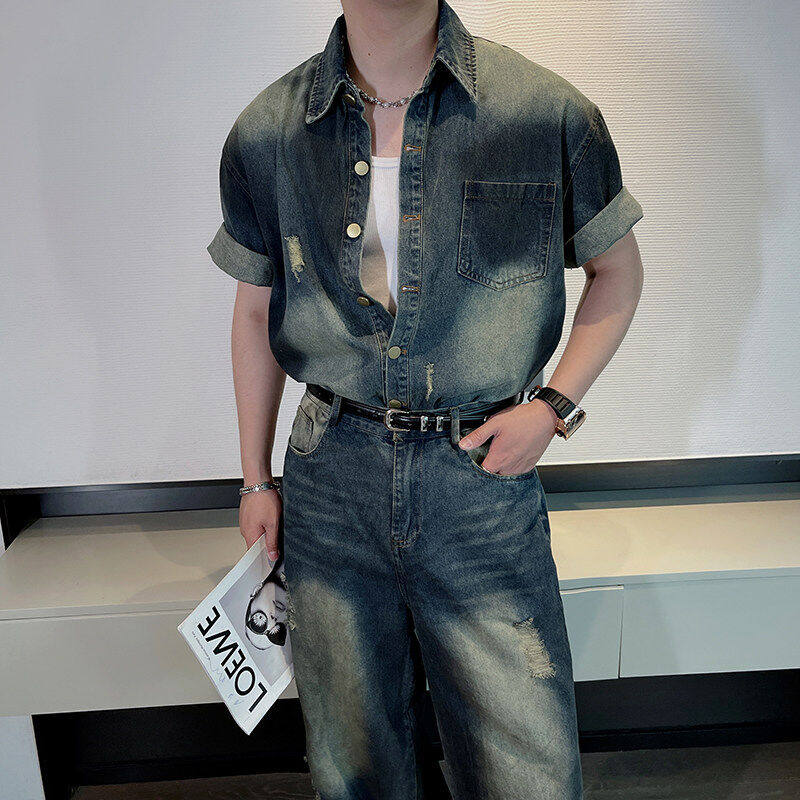 美式复古牛仔短袖衬衫男套装穿搭高级感痞帅破洞牛仔裤搭配一整套
