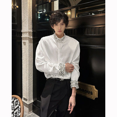 张凌赫同款重工珠片珍珠镶钻立领长袖衬衫男垫肩气质设计感衬衣潮