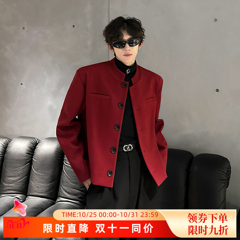 秋季复古酒红色雅痞垫肩小立领短款西服外套男高级感毛呢外套韩版